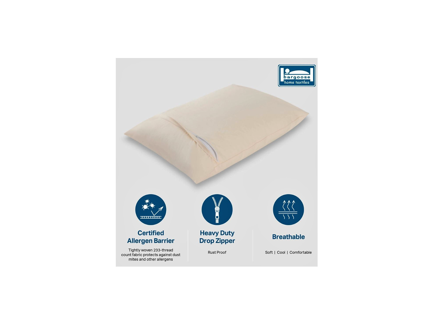 AllergyCare™ Allergen Barrier Organic Cotton Zippered Pillow Protector by Bargoose
